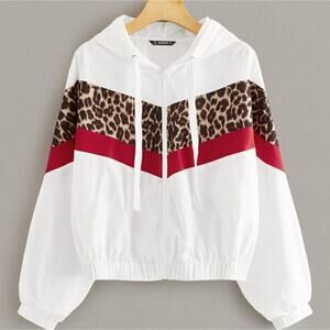 SHEIN Leopard Cropped Hoodie Windbreaker Jacket, Size: Large